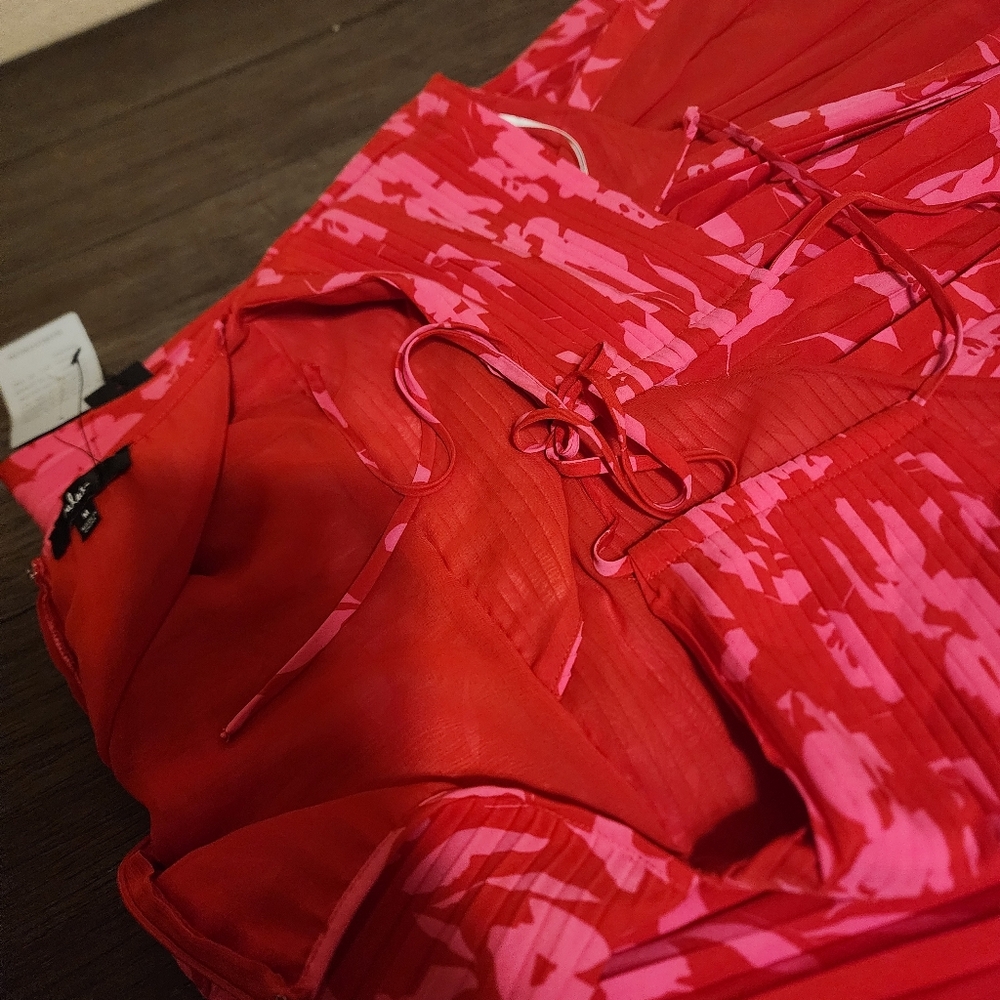 Lulu’s Vibrant Moment Floral Pleated Lace-Up Midi Dress NWT Red & Pink Med - Picture 10 of 13